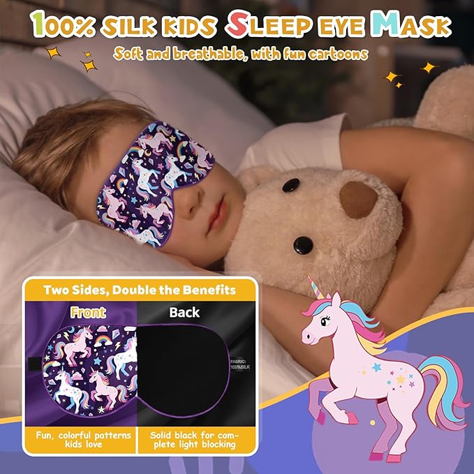 Silk Kids Sleep Mask: 100% Mulberry Silk Eye Mask, Sleeping Masks with Adjustable Strap, Soft & Light-Blocking Printed Kid Eye Cover for Boys Girls Teens Aged 5-15 (Horse Theme)