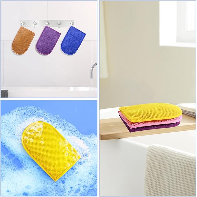 African Net Sponge Exfoliating Gloves, 3-Pack Bath Mitts for Deep Cleaning & Dead Skin Removal, Assorted Colors (Pink, Yellow, Purple)