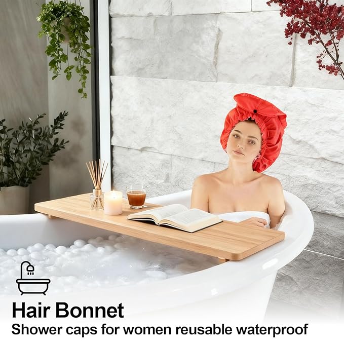 ELEBOX Extra Large Shower Cap for Braids/Curly Hair/Dreadlock | Reusable Waterproof Long Bonnets for Women Bath/Swim/Cooking/Cleaning/Spa | XL Bathing Cap with Adjustable Drawstring & Button, Red