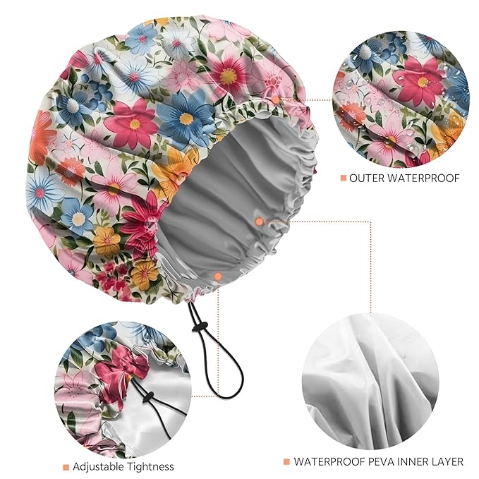 Shower Cap Reusable Double Layer Adjustable Elastic Waterproof EVA Hair Bath Caps for Women Girls Cute Aesthetic-Flowers