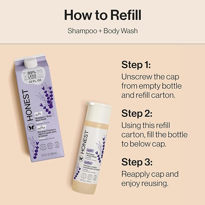 The Honest Company 2-in-1 Cleansing Shampoo Body Wash Refill Carton Gentle for Baby, Naturally Derived, Tear-free, Hypoallergenic, Lavender Calm, 32 fl oz (Pack of 6)
