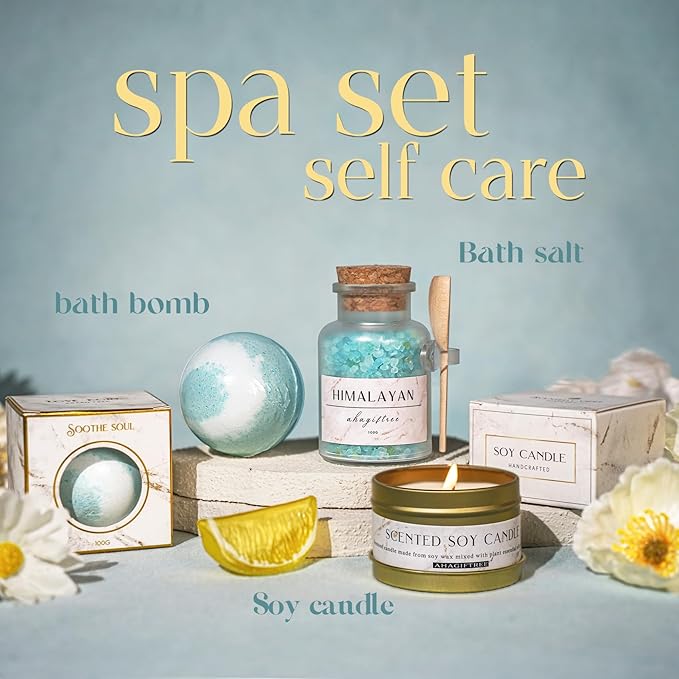 AHAGIFTREE Birthday Gifts for Women Self Care Gifts Get Well Soon Gifts Baskets with Moon lamp for Women After Surgery,11PC Spa,Thinking of You Gift, Care Package for Mom Friend (Turquoise)