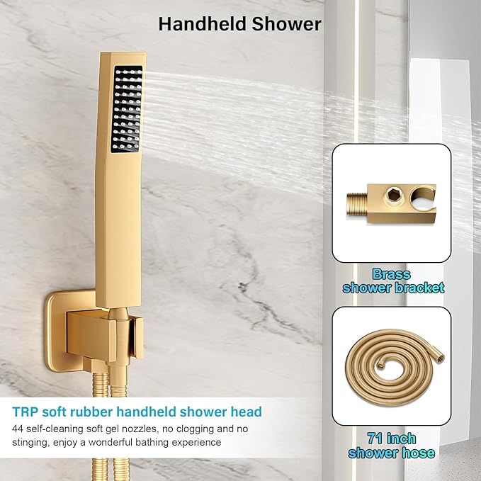 FPXRNG Gold Shower Faucet Set, Rainfall Shower System with Rain Shower Head and Handle Set, Wall Mounted Shower Fixtures, Full Metal Trim Repair Kit 10 inch Paint Gold (With Shower Valve)