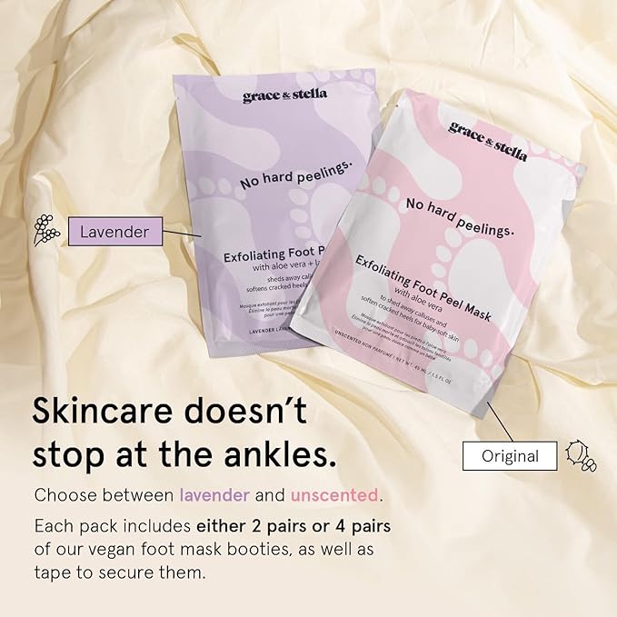 grace & stella Award-Winning Foot Peel Mask - Foot Peeling Mask with Aloe Vera - Moisturizing Foot Mask for Dry Cracked Feet - Foot Exfoliator for Baby Soft Feet (2 Pairs, Lavender)