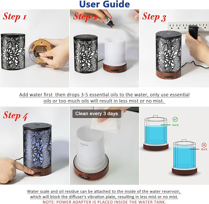 EQUSUPRO Essential Oil Diffuser 150ml Black Metal Aromatherapy Oil Diffuser Ultrasonic Cool Mist Diffuser with Auto Shut-Off Protection,7 Colors Changed LED for Home Office SPA Yoga