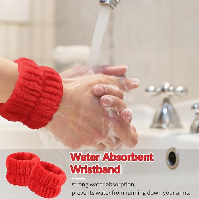 WHAVEL 6PCS Red Spa Headband and Wristbands Set, Valentine's Day Face Wash Headband Wrist Bands for Washing Face Makeup Skincare Hair Band Skin Care Accessories Tools