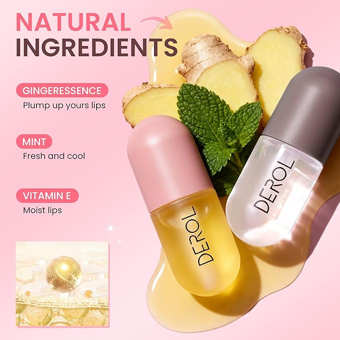 DEROL Lip Plumper by Vafee, Natural Lip Plumper and Lip Care Serum, Lip Enhancer for Fuller, Lip Mask, Beautiful Fuller, Hydrating & Reduce Fine Lines 5.5ML (Day& Night)