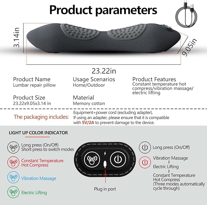 Electric Back Massager for Sciatica Pain Relief, 3-in-1 Lumbar Support Device with Traction & Heat, Soothing Spine Massager for Lower Back Pain Relief, Neck and Back Massage Pillow