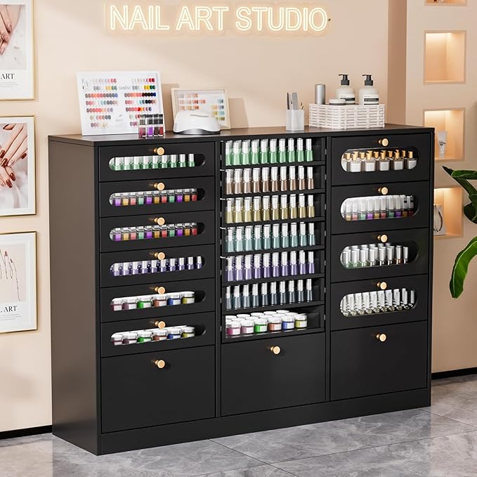OmySalon Nail Polish Organizer Cabinet with Drawers, 47.2" L Large Nail Salon Storage for Polish & Powder, 7 Clear & 10 Visual Drawers, Wooden Beauty Salon Furniture (Black)