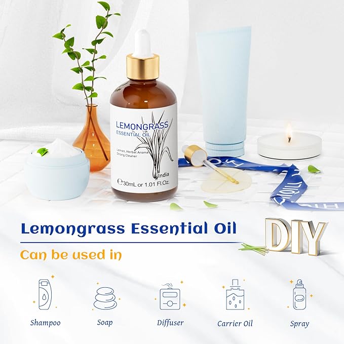 HIQILI Essential Oil, 100% Pure Natural Undiluted - Lemongrass - 1.01 Fl. Oz