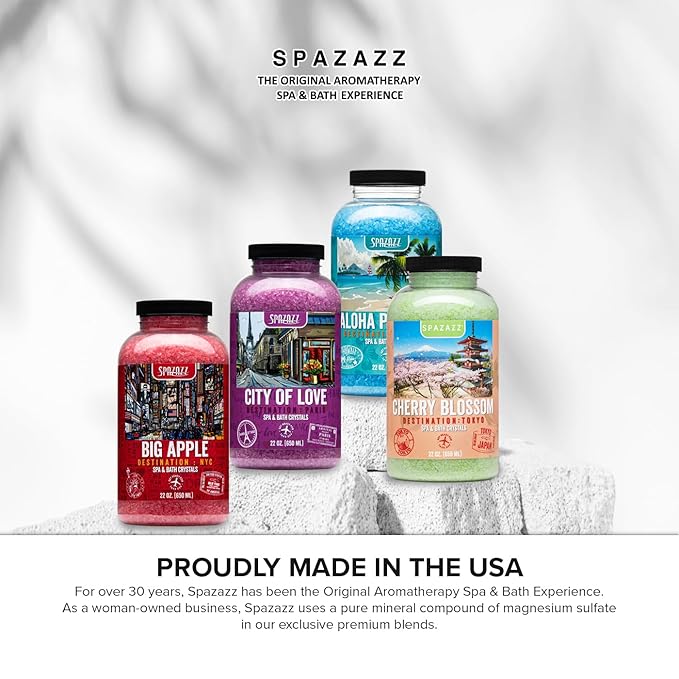 Hot Tub & Spa Aromatherapy Bath Salt Crystal Scents Spazazz Destinations Collection Bundle Aloha Paradise, Big Apple, City of Love, Cherry Blossom - Skin Moisturizer - Will Not Damage Spas & Hot Tubs