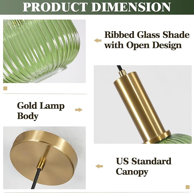 KCO Lighting Vintage Green Glass Pendant Light Kitchen Island Lighting Farmhouse Ribbed Glass Pendant Lighting Large Globe Pendant Light Fixture Brass Gold Single Ceiling Hanging Light