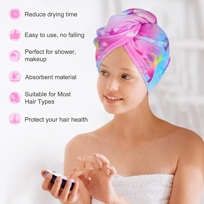 Basumee Microfiber Hair Towel Wrap for Kids 2 Pack Rapid Drying Hair Towel with Button Hair Turbans for Wet Hair Wraps Head Towel Wrap for Women and Girls, Colorful Unicorn