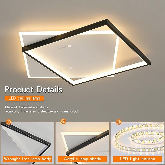 Shine LUEST Black Modern LED Bedroom Ceiling Light Dimmable Flush Mount Ceiling Light Fixture 22" Square Ceiling Lamp with Remote Control Kitchen Lighting Fixture Ceiling,Suitable for Bedroom,Hallways