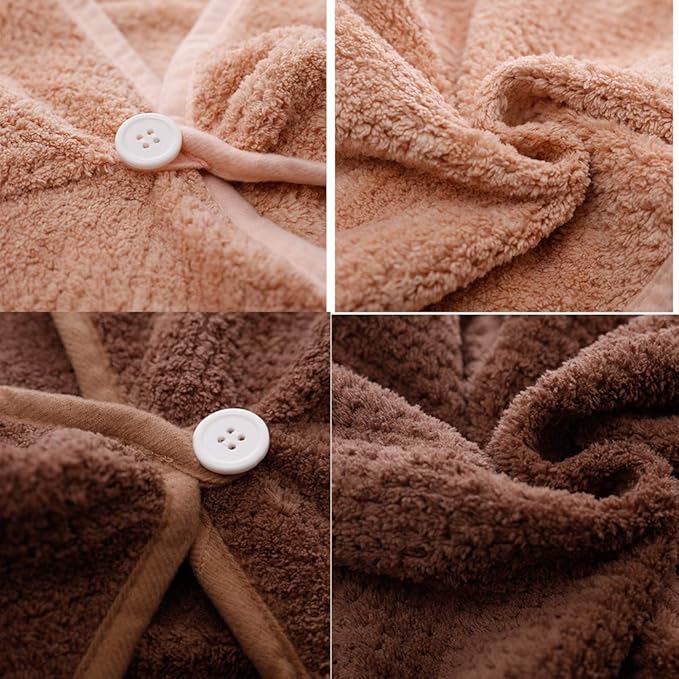 M-bestl 2 Pack Hair Drying Towels, Hair Wrap Towels, Absorbent Microfiber Hair Towel Turban with Button Design to Dry Hair Quickly(Coffee& Pink)