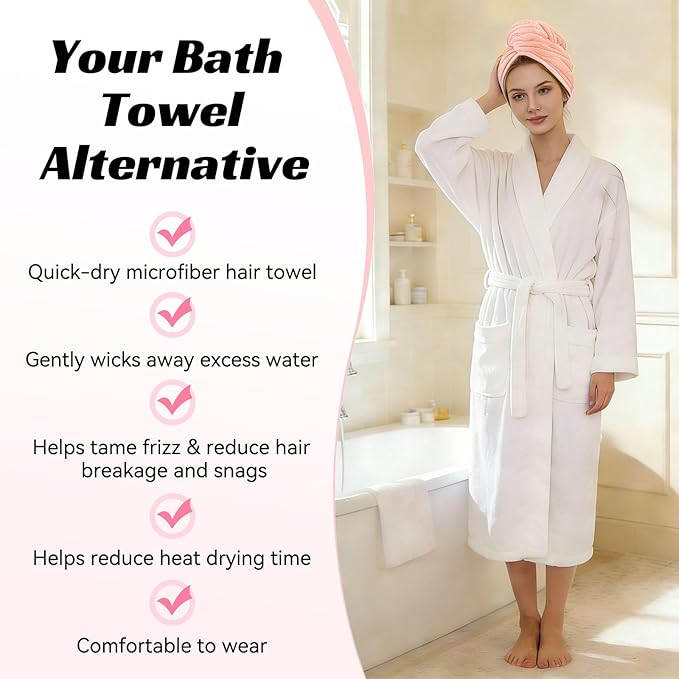 Microfiber Hair Towel Wrap for Women, Soft Lightweight Quick Dry Turban, Drying Hair Towels for Women, Hair Drying Towel with Button for Curly & Long Hair - Pink (Note: This model is ultra-slim.)