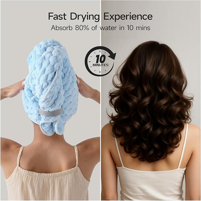 REDKISS Blue Microfiber Hair Towels - Extra Large Hair Towel Wrap for Women, 24x42 inch Hair Towels with Elastic Strap, Super Soft Hair Drying Towels for Long, Thick, Curly Anti Frizz Turbans