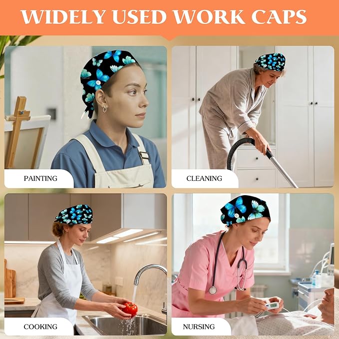 Adjustable Scrub Cap with Buttons & Sweatband, Working Hat with Elastic Tie Back, Unisex Nurse Surgical Caps for Women & Men