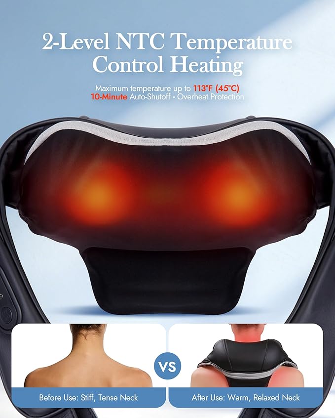 Neck Massager with Heat Cordless: Shiatsu Back Shoulder Massage Tools for Pain Relief Deep Tissue Electric 4D Kneading for Muscle Remedy Lymphatic Drainage Gifts for Men Women Mom Dad (Black)