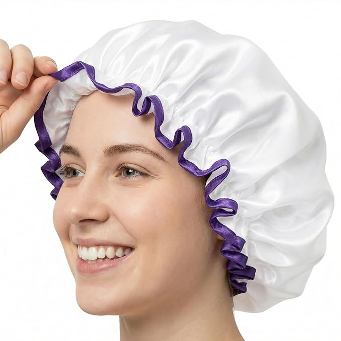Aquior Shower Cap, Shower Cap for Women Reusable Waterproof, Large Bath Hair Cap for All Hair Lengths, Ladies, Men and Kids (White)