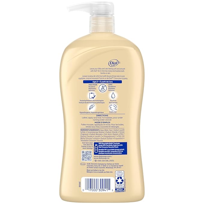 Dial Kids All-in-1 Body + Hair + Bubble Bath, Peach Scent, 32 Fl Oz, Hypoallergenic Body Wash & Shampoo, No Tears Formula for Kids 2+ Years, No Parabens & Silicones