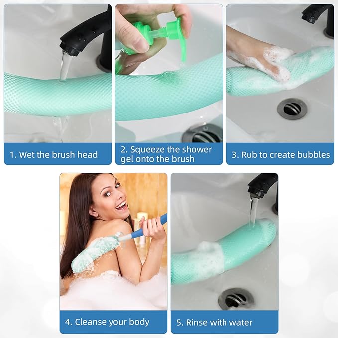 Back Scrubber for Shower，Mesh Sponge Body Shower Brush with Long Handle for Use in Shower Back Scrubber,Back Scrub for Exfoliating Body Scrubber (Blue and Green)