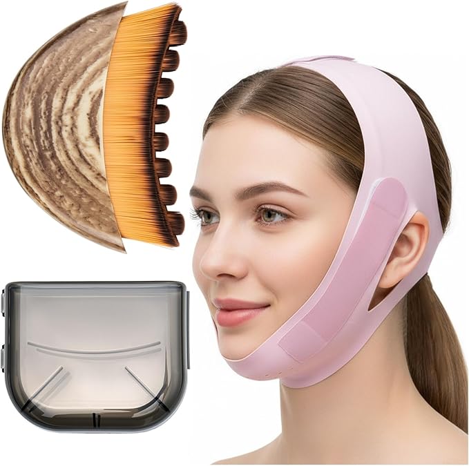 Lymphatic Contour Face Brush & Chin Lifting Mask, 2Pcs: Manual Lymphatic Drainage Massager Dry Brush & Pink V Line Lifting Mask, Face, Chin Strap for Sleeping, Jawline Sculpting Set, Gift for Women