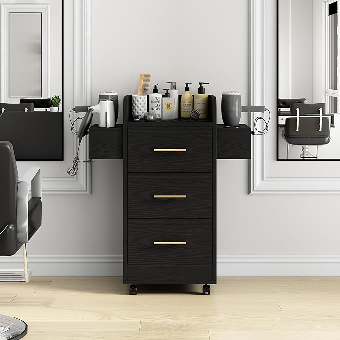4ever2buy Rolling Salon Station for Hair Stylist, Salon Trolley Cart with with Wheels, Hair Stylist Beauty Barber Station, 6 Hair Dryer Holders & 3 Drawers, Black and Gold