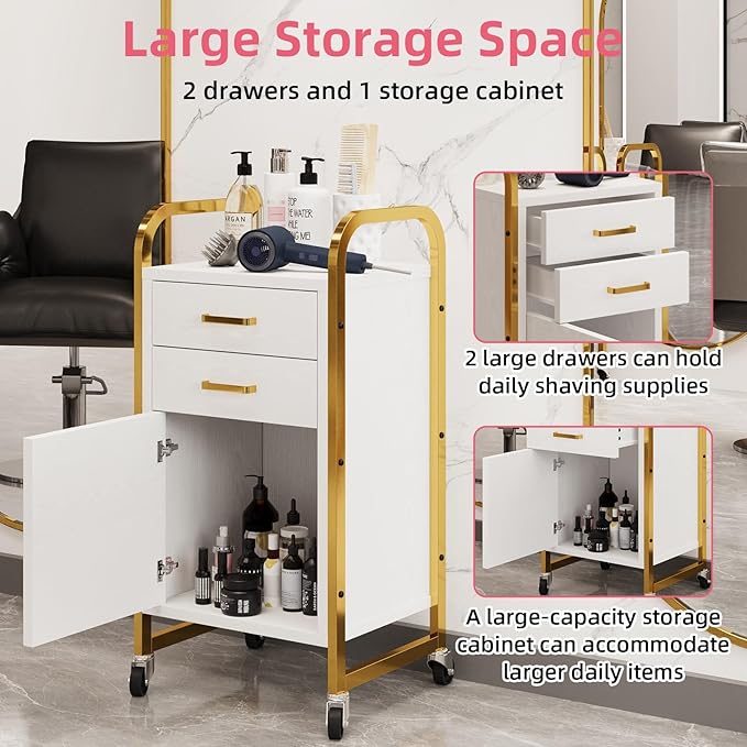 4ever2buy White and Gold Salon Trolley Cart with Wheels, Salon Cart with Drawers and Cabinet, Rolling Cart for Hair Stylist, Professional Salon Stations Organizer