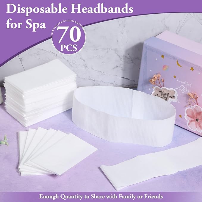Sublaga 70 Pcs Disposable Spa Facial Headbands, Elastic Headband Wrap with Single Snap Tab, Soft & Flexible Facial Headbands, Stretch Spa for Women, Sport Yoga Salon Shower