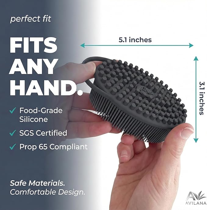 Avilana Premium Silicone Body Scrubber -Trusted Since 2017 - SGS Certified Food Grade Dual Sided Bath Brush, Quick-Dry Exfoliating Loofah Alternative, Massage Brush Sensitive Skin Women Men
