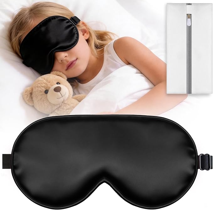 Kids Sleep Mask, Kids Eye Mask for Boys Girls, Kid Silk Eye Masks with Adjustable Strap for Sleeping, 100% Light-Blocking Sleep Eye Cover, Includes Protective Laundry Bag (Black)