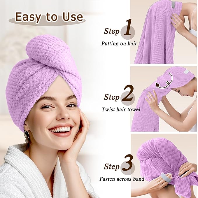 Microfiber Hair Towel Wrap for Women, Quick-Dry Turban, Ultra Absorbent & Anti-Frizz, Ideal for Long, Thick & Curly Hair, Soft Lightweight Drying Towel (24x42, Purple)