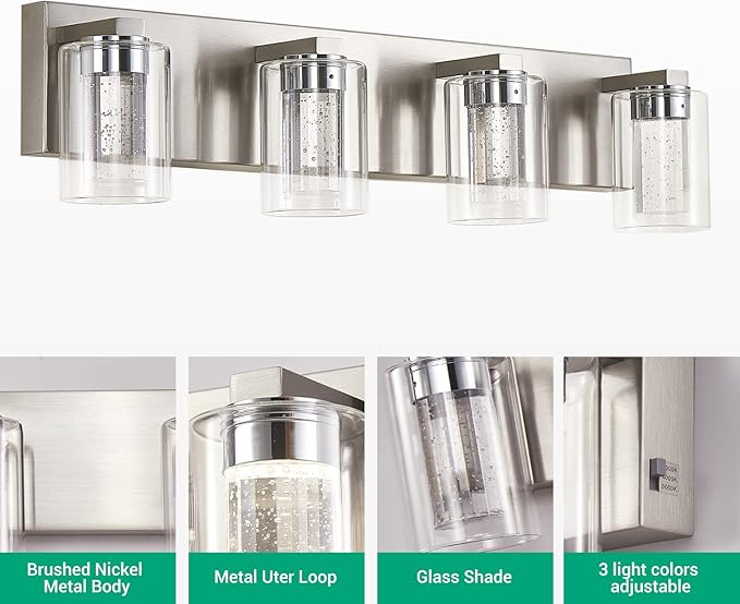 Brushed Nickel 4-Light Vanity Light, Crystal Bubble Glass with Dimmable 3-Color Lights, Modern Bathroom Light Fixtures Wall Sconce for Bathroom Hallway Kitchen Bedroom Living Room