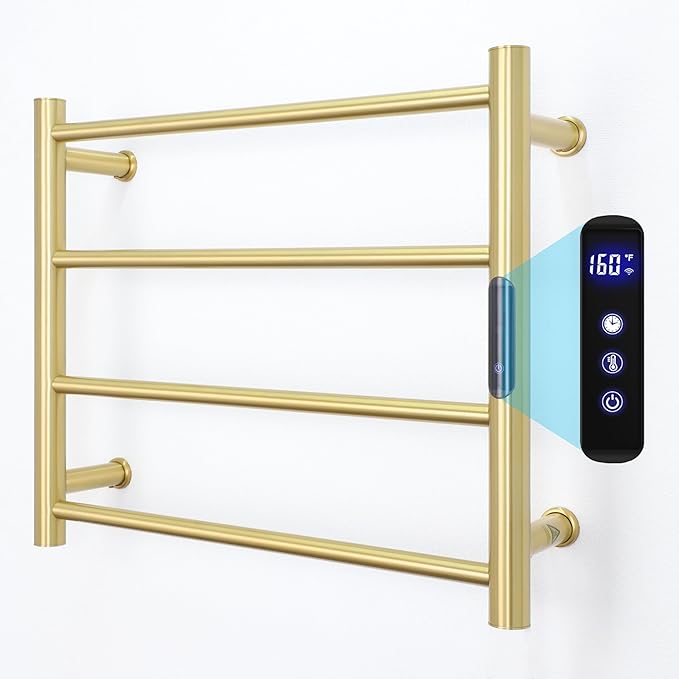 Heated Towel Rack Gold, 4 Bars Towel Warmer Rack for Bathroom Wall Mounted, Timer & Temperature Control Electric Towel Drying Rack (4 Bars Brushed Gold D, Hardwired)