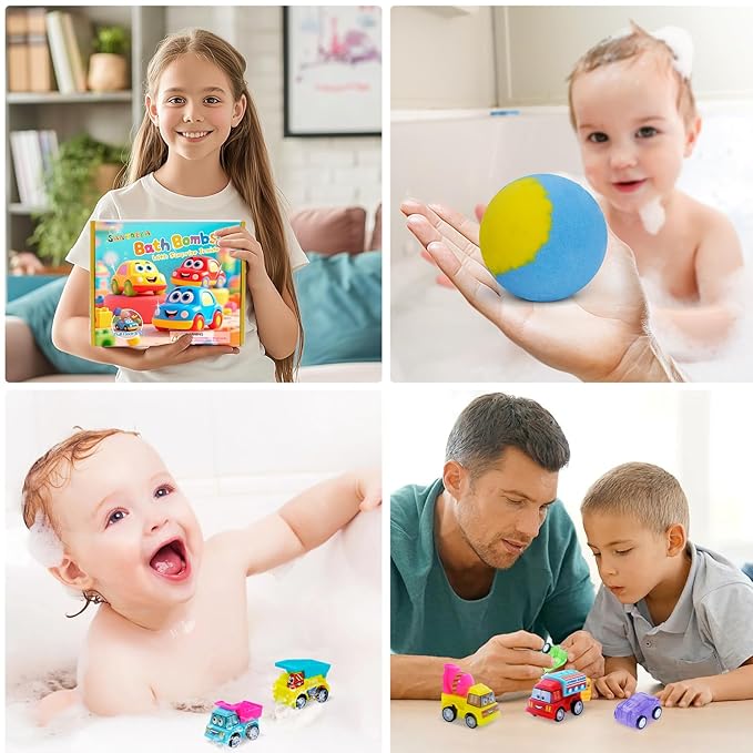 Bath Bombs for Kids with Surprise Toys Inside, 6 Pack Bath Bombs Gift Set with Pull-Back Vehicles Cars, Fun and Bright Colors Bubble Set, Car Bath Toys for Boys Girls Birthday, Easter Basket Stuffers