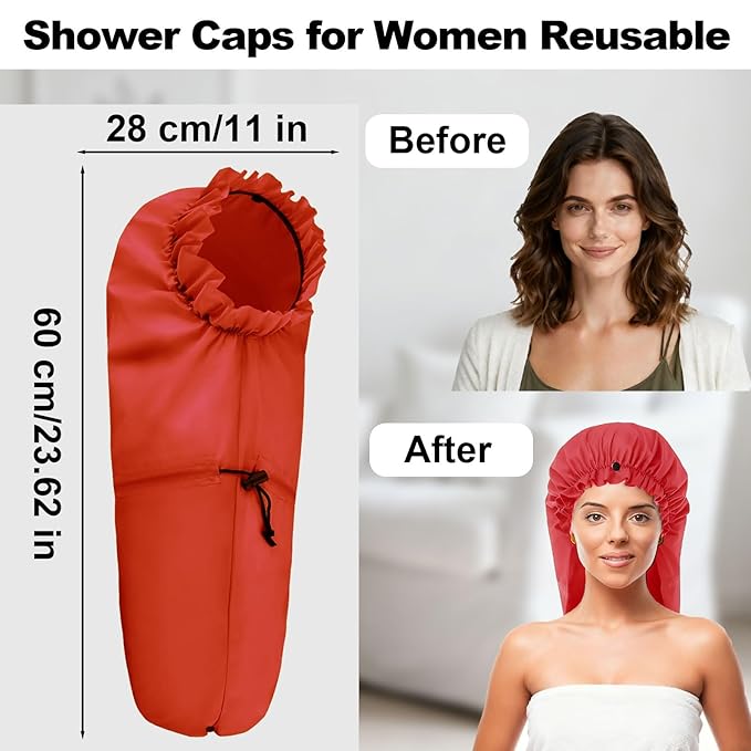 ELEBOX Extra Large Shower Cap for Braids/Curly Hair/Dreadlock | Reusable Waterproof Long Bonnets for Women Bath/Swim/Cooking/Cleaning/Spa | XL Bathing Cap with Adjustable Drawstring & Button, Red