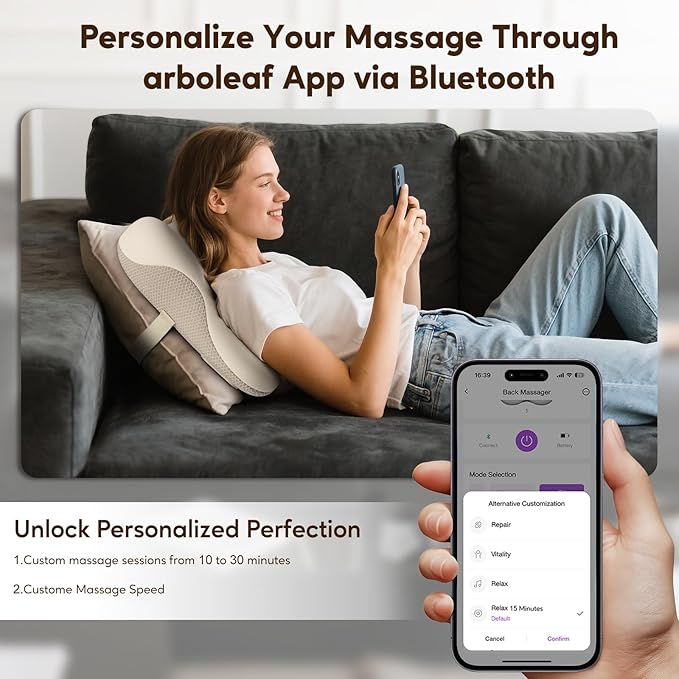 arboleaf Back Massager for Pain Relief, Bluetooth App Control, Cordless Shiatsu Neck Back Massage with Heat, Deep Kneading for Upper & Lower Back, Chair, Car, Travel, Gift for Mom Dad