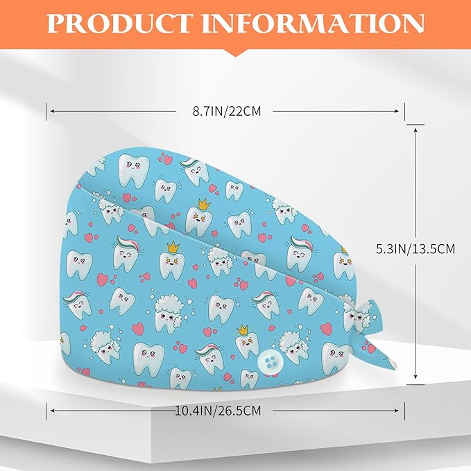 Adjustable Scrub Cap with Buttons & Sweatband, Working Hat with Elastic Tie Back, Unisex Nurse Surgical Caps for Women & Men