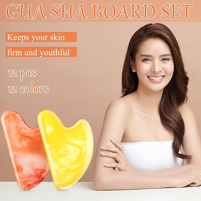 Sherr 12 Pcs Gua Sha Facial Tools Resin Heart Shaped Massage Guasha Tool for Face Guasha Board for Face Body Skin Massage Spa Acupuncture Prevent Wrinkles, 12 Colors(Retro Color)