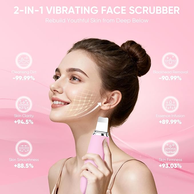 Silicone Face Scrubber Blackhead Scraper Rechargeable 2-in-1 Facial Cleansing Brush & Skin Spatula Duo, IPX7 Waterproof Exfoliating Massager Deep Cleansing for Women and Men(Light Pink)