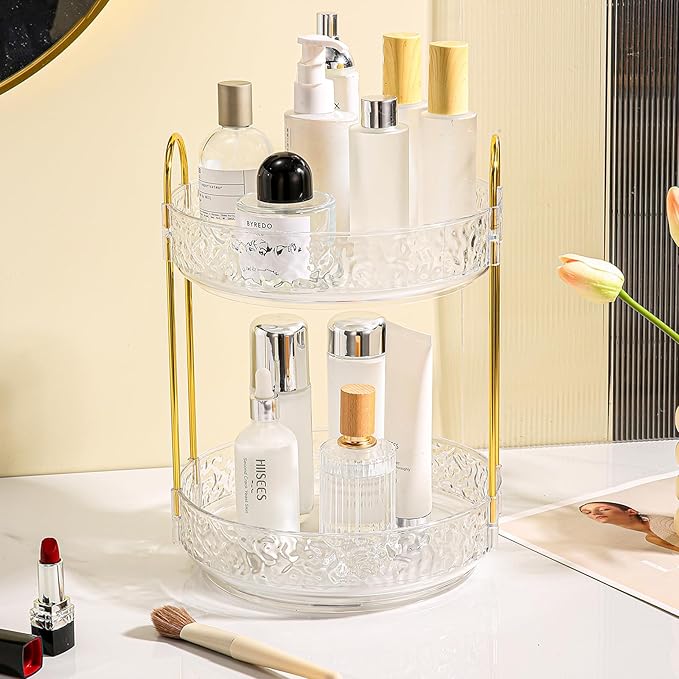 Fangoo 3 Tiers Clear Rotating Makeup Organizer for Vanity, 360 Spinning Skincare Organizers for Dresser Perfume Organizer Large Skincare Make up Storage Cosmetic Organizer for Bathroom Countertop