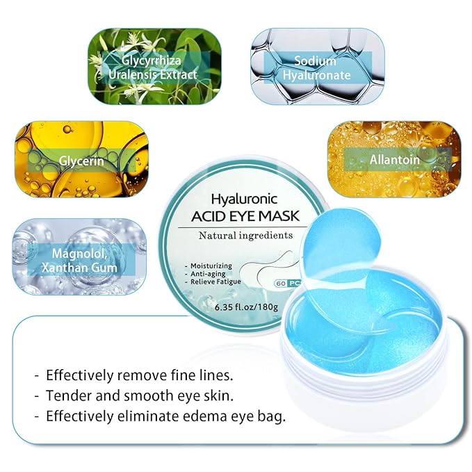Under Eye Patches, Eye Mask for Puffy Eyes and Dark Circles with Hyaluronic Acid, 60PCS Collagen Gel Eye Pads Treatment for Moisturizing Wrinkles Anti-Aging, Fine Lines Eye Bags Care Women Men