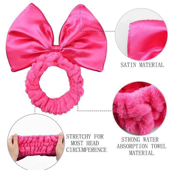 JIAHANG Large Satin Bow Facial Spa Headband, Facial Making Up Shower Skincare Hairband, Wash Face Headwrap for Women Girls