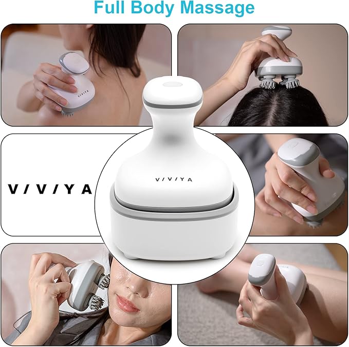 VIVIYA Electric Scalp Massager, Portable Rechargeable Head Massager with 8 Removable Massage Claws, Waterproof Handheld Hair Scalp Scratcher for Full-Body Massage and Stress Relax