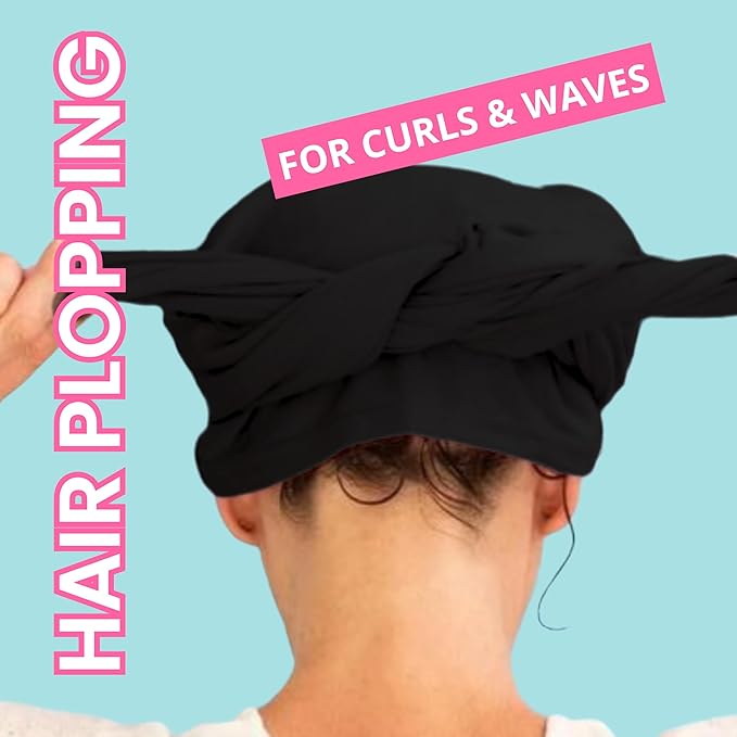 OOF! Halo T-Shirt Hair Towel | 100% Cotton Jersey Knit w/MoistureLock | No Microfiber | Reduce Cuticle Friction, Frizz & Breakage | Plopping Towel for Curly Hair | All Hair Types (Black)