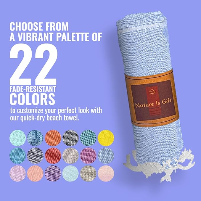 Beach Towel 100% Cotton Turkish Beach Towel Adult 38x70 Inch Pre-washed Absorbent Extra Large|Sand Free Quick Dry BathTowels|Lightweight Blanket|Travel Cruise Camping Spa Gym Yoga Towel|Airy Blue