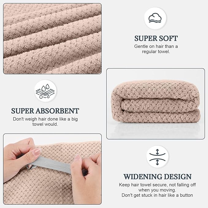 BEoffer 2 Pack Microfiber Hair Towel - 41 x 24 inches Super Soft, Absorbent, Fast Drying Without Frizz Hair Towel Wrap for Women Long, Thick, Curly Hair - Hair Turbans with Elastic Strap
