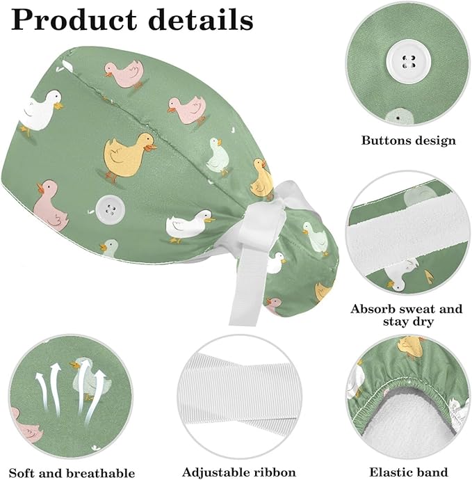 Scrub Caps Women Ponytail Cute Pink and White Leaves Caps Bouffant Working Hat Elastic Tie Back Hats with Button