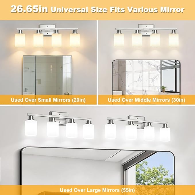 Unicozin 4-Light Bathroom Light Fixtures, Modern Brushed Nickel Vanity Light Over Mirror, Wall Sconces with Milky White Glass Shades for Living Room Bedroom Hallway E26 Base